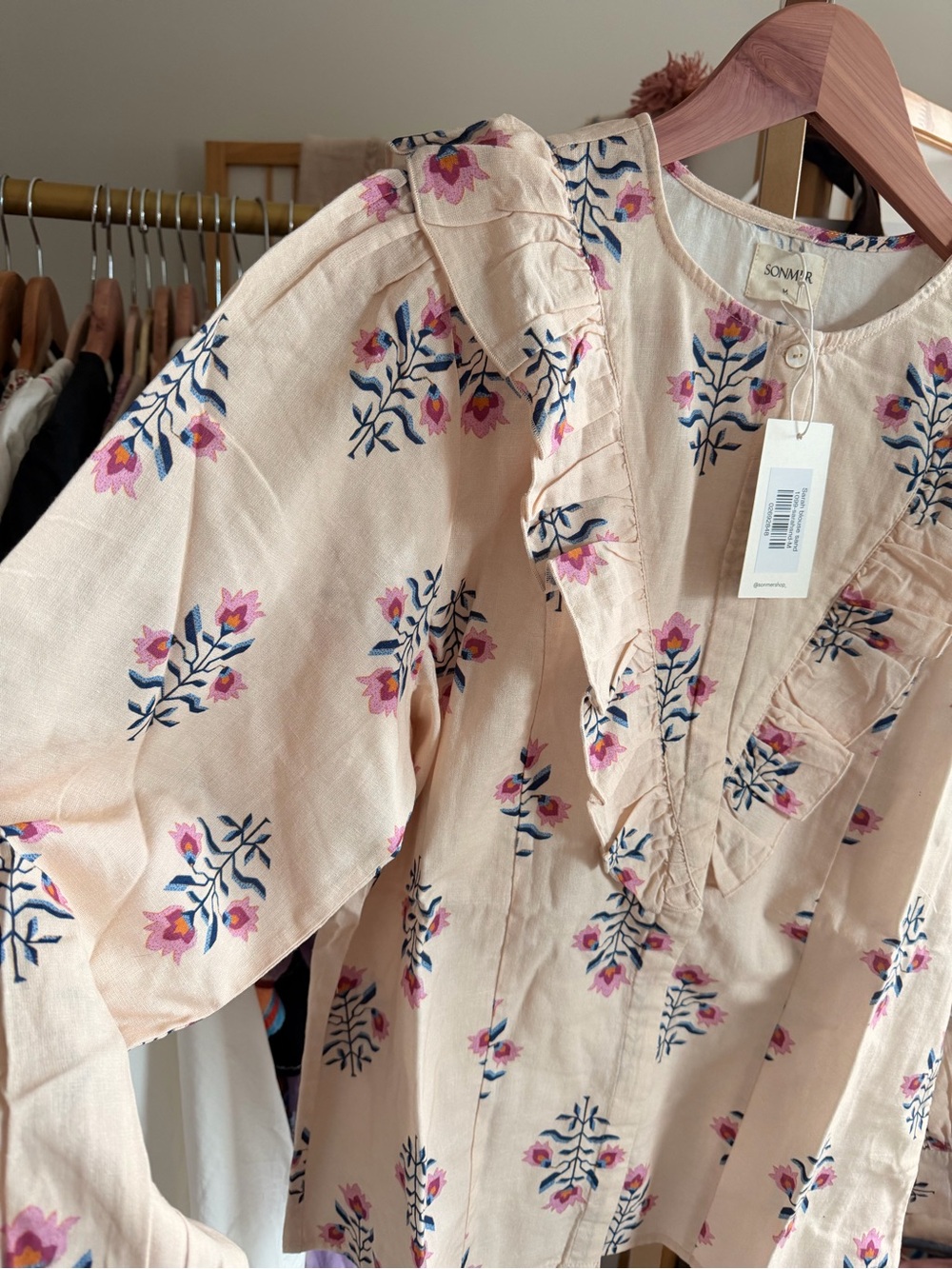 NWT Sonmer Sarah Blouse Sand Floral Print Ruffle Long Sleeve Cotton Blend - Picture 4 of 10